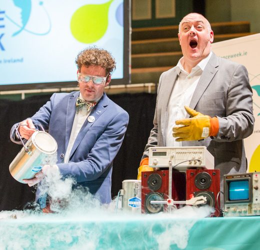 Shane Bergin and Dara O'Briain doing live experiments