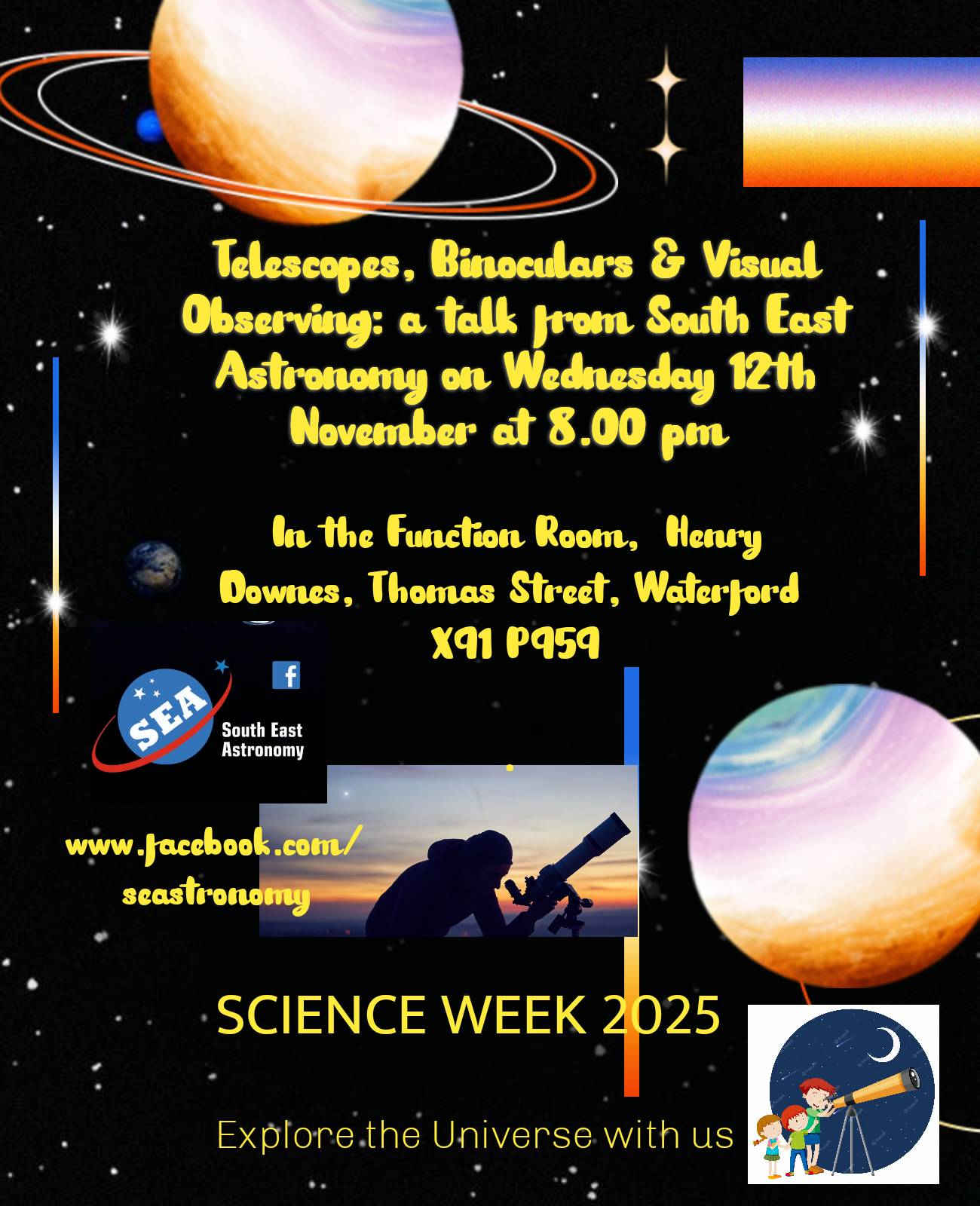 Science Week talk on Telescopes & Visual Observing – Downes Bar, Waterford.