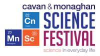 graphic reading 'cavan&monaghan science festival' in navy, purple, and orange