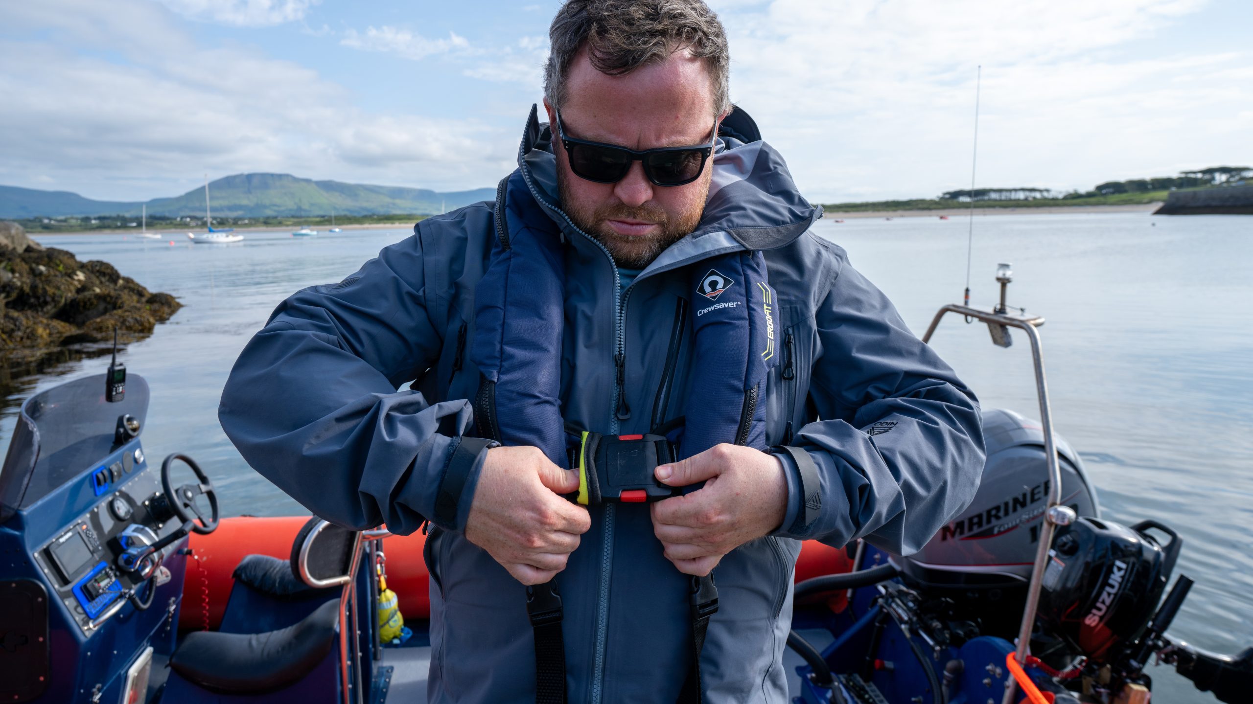 Someone putting on a life jacket