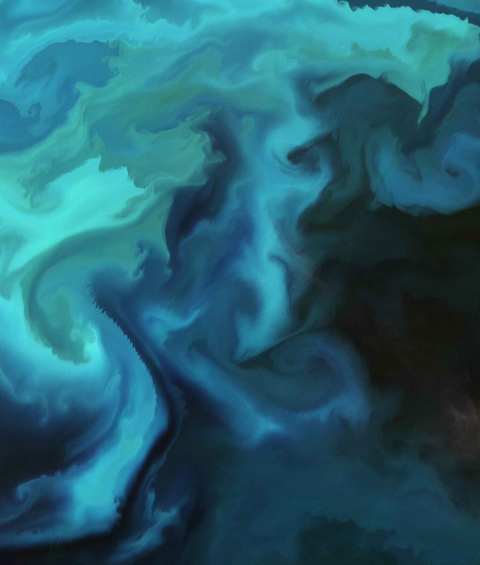 Natural-colour satellite image of a plankton bloom in the Barents Sea, showing swirling turquoise, blue and deep navy patterns spreading across the ocean surface.
